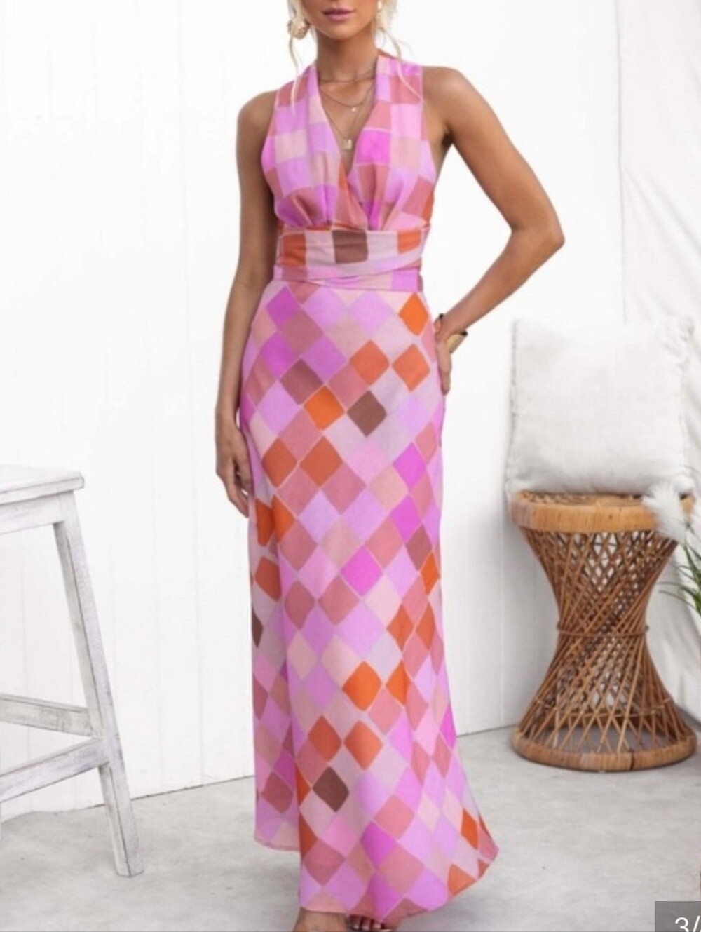 NWOT Selfie Leslie Pink Orange Geometric Diamond Maxi Dress Tie Halter Small 70s - Picture 3 of 6